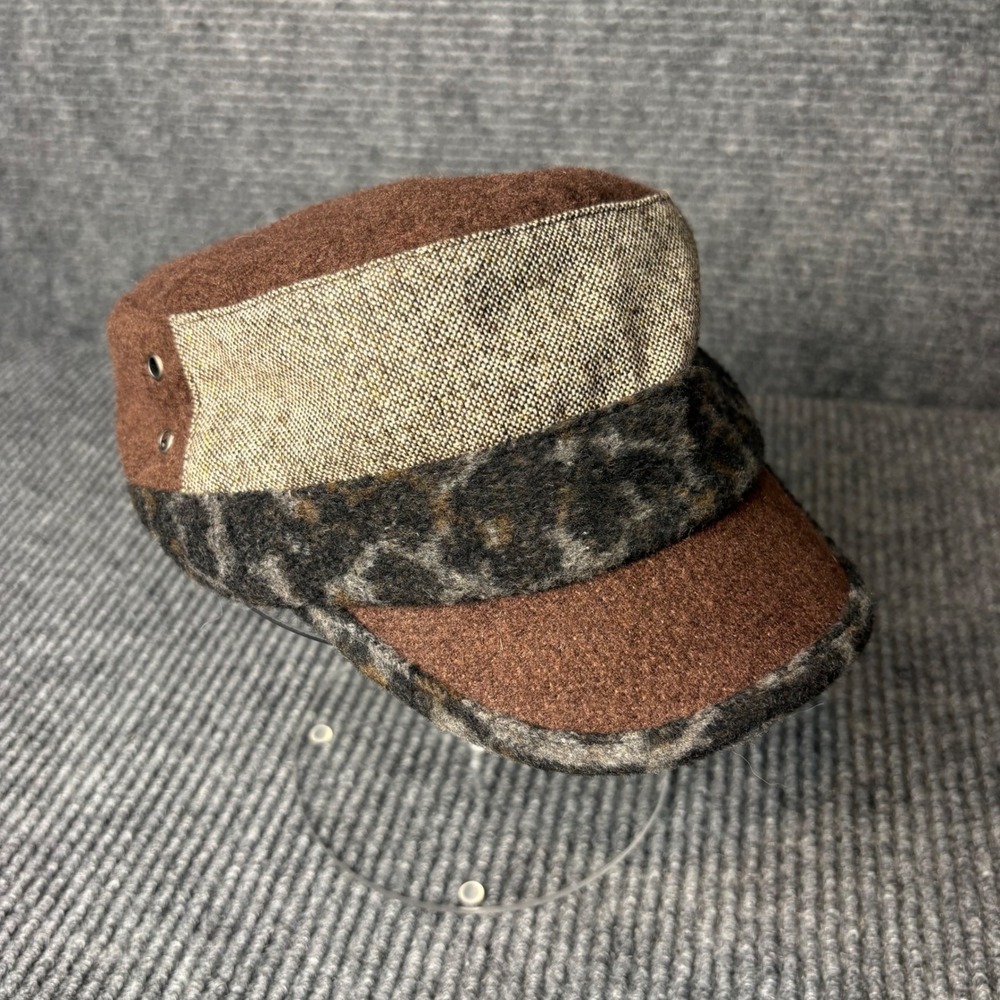 D&Y Wool Military Cadet Cap Brown Leopard Trim Tweed Newsboy Hat One Size Boho